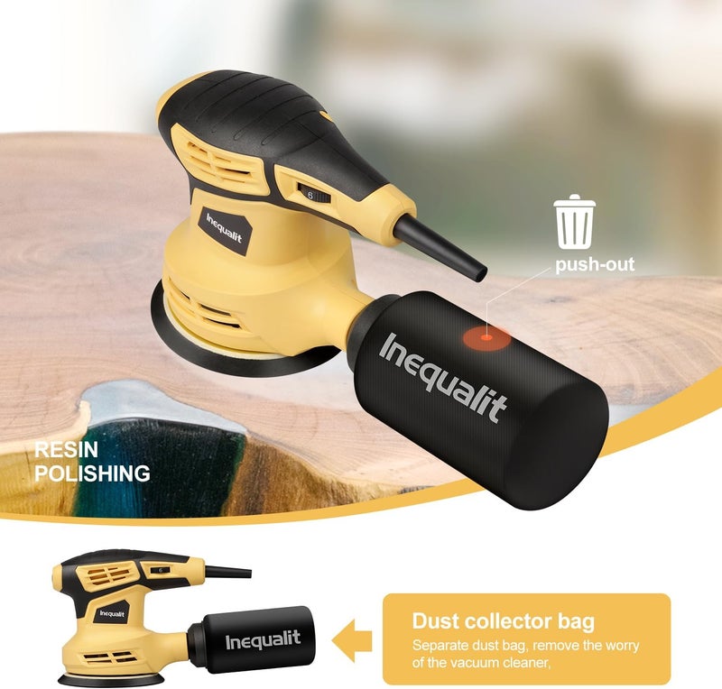 Inequalit Random Orbital Sander, 2.4Amp 5-Inch Corded Palm Sander, Max 13000 OPM Electric Drywall Sander with 6 Variable Speed, 15Pcs Sandpapers and Dust Bag for Woodworking Sanding Polishing - Image 5